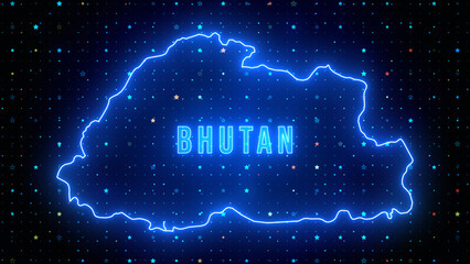 Futuristic Blue Shine Bhutan Outline Map And Label Text Glowing Neon Light With Stars Sparkle Grid Background
