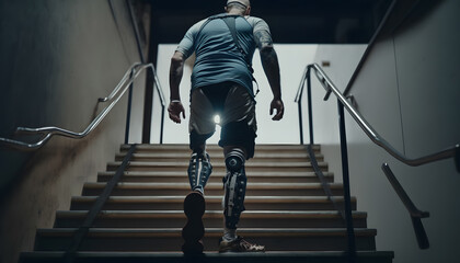 Rear view man with a modern prosthesis instead of amputated leg climbs the steps. Concept biomechanical parts of body. Generation AI - obrazy, fototapety, plakaty