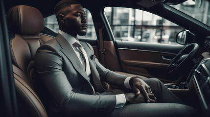 Handsome successful rich African businessman in lux car commute to work. Generation AI