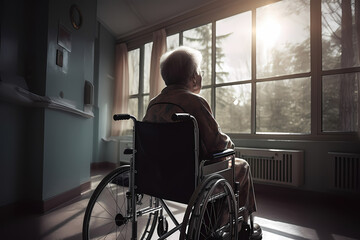 Lonely sad elderly Senior person in wheelchair in nursing home looking out window. Generation AI - obrazy, fototapety, plakaty