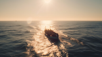 Refugee migrants sail illegally on ship boat across sea from Africa or Afghanistan sunset. Generation AI - obrazy, fototapety, plakaty