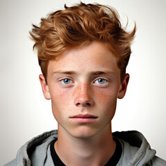 Professional studio head shot of a calm 13-year-old Dutch boy.
