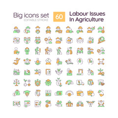 Labour issues in agriculture RGB color icons set. Farm industry. Agricultural field. Manual labor. Isolated vector illustrations. Simple filled line drawings collection. Editable stroke