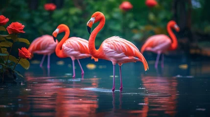 Fotobehang Pink flamingo stands in the sea © savvalinka