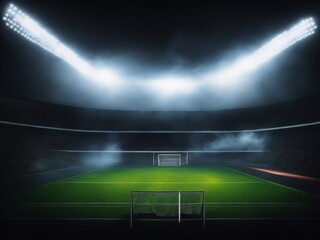 Bright stadium arena lights .stadium lights and smoke against dark night.