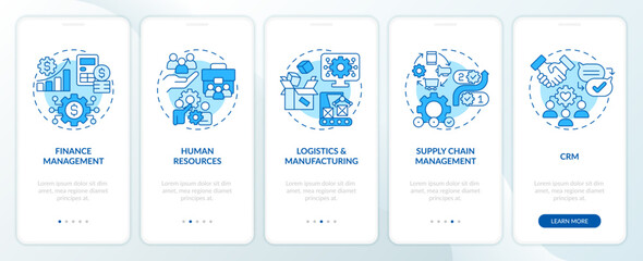 2D icons representing enterprise resource planning mobile app screen set. Walkthrough 5 steps blue graphic instructions with linear icons concept, UI, UX, GUI template.