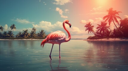 Pink flamingo stands in the sea