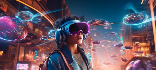 Futuristic background with a girl wearing virtual reality glasses.