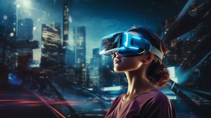 Futuristic background with a girl in virtual reality glasses against the backdrop of the city.