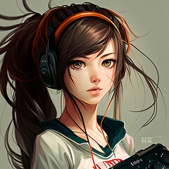 Anime Manga Gamer Girl Portrait with Headphones