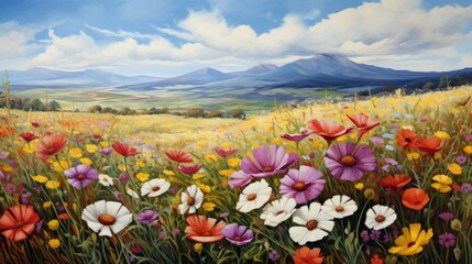Fototapeta premium Beautiful background with field of flowers and mountains