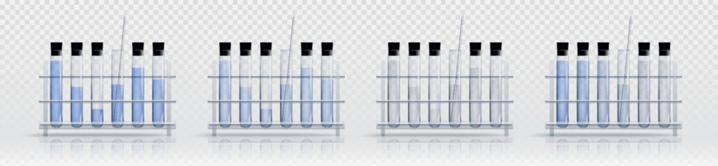 Realistic set of test tube racks isolated on transparent background. Vector illustration of chemical laboratory equipment with liquid substance and dropper, lab glassware for scientific experiment © klyaksun