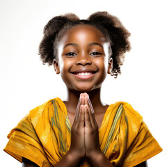 A professional studio headshot capturing the pure joy of a 9-year-old girl from Saint Vincent and the Grenadines clapping in glee. - obrazy, fototapety, plakaty