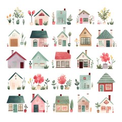 Fototapeta premium A breathtaking collection of colorful houses with lush, vibrant flowers and plants overflowing from every corner, creating a whimsical oasis of beauty and serenity
