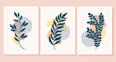 wall art vector set. Foliage line art drawing with abstract shape. Abstract Plant Art design for print, cover, wallpaper, Minimal and natural wall art. Vector illustration.