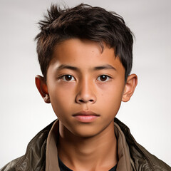 Professional studio head shot of a 15-year-old Cambodian boy with one eyebrow raised.