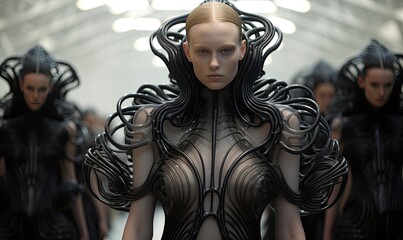 The futuristic fashion models stride confidently on the catwalk, showcasing cutting-edge designs.