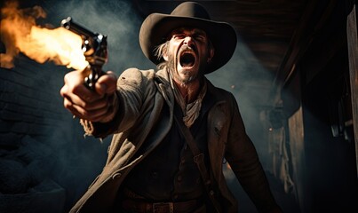 The portrait captures the cowboy's intense gaze as he fires his revolver.