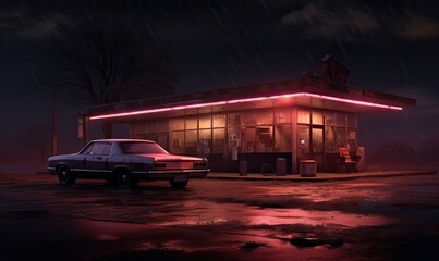 The flickering neon sign of an abandoned retro shop illuminates the night.