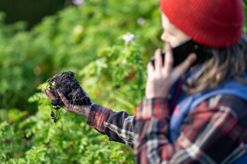 Female Farmer using technology to test soil. Farmer taking a photo of a soil sample. Holding soil in a hand