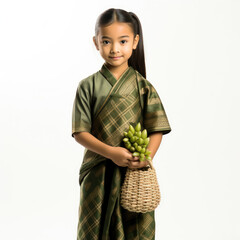 Studio shot of an 8-year-old Malaysian girl wearing traditional clothing and holding a rice dumpling.