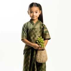 Fototapete Kinder Studio shot of an 8-year-old Malaysian girl wearing traditional clothing and holding a rice dumpling.