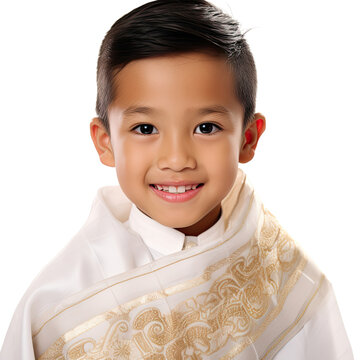 Studio shot of a Filipino 8-year-old boy wearing a traditional barong Tagalog.
