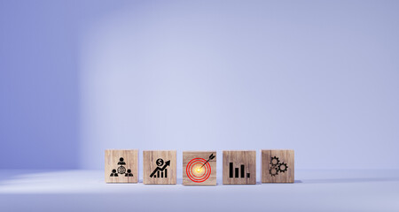 woods block step on table with icon Action plan, Goal and target, success and business target...