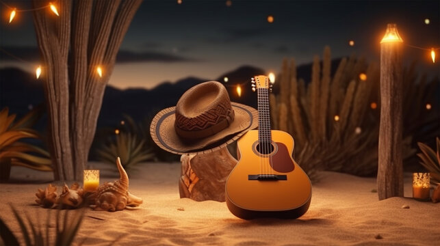 Guitar in dessert background with festa junina elements - ai generative