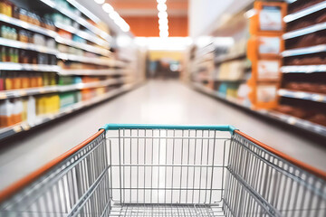 Empty shopping cart with supermarket shelves. Generative ai.