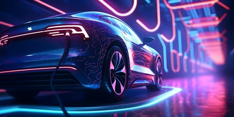 Generative AI illustration of futuristic neon electric car charging from power plant