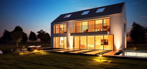 Modern house with garden at night with lights. Generative ai design.