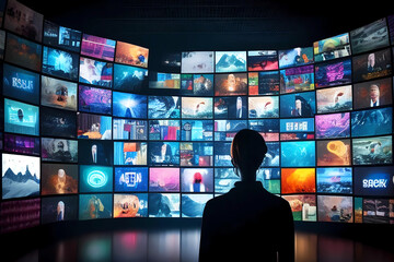 Watching on a video wall with multimedia streams. Generative ai design concept.