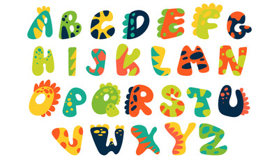 A set of Dino alphabet on a white background in cartoon style. Bright modern illustration for children, children's room, poster, postcard, birthday, packaging paper design, children's T-shirts