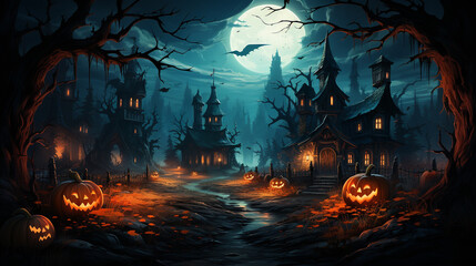 Halloween Under the Full Moon, Spooky Pumpkins Illuminate the Night in an Eerie Background