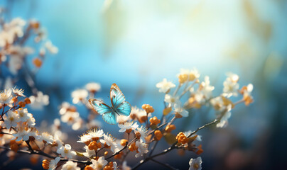 Blossom tree with beautiful butterfly.Spring background, branches of blossoming cherry against background of blue sky and butterflies on nature outdoors. Pink sakura flowers, dreamy romantic image