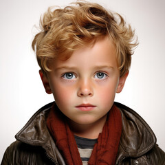 Professional studio head shot of a sullen 7-year-old British boy with a huff.