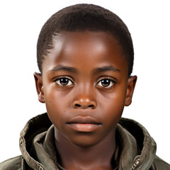 Professional studio head shot of an observant 8-year-old Tanzanian boy with narrowed eyes.