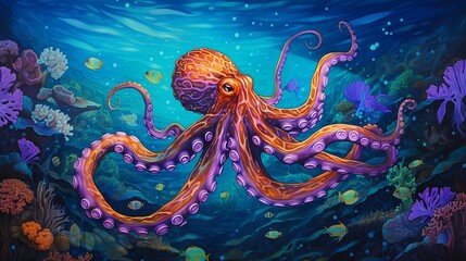 An illustration of an octopus swimming in the ocean with coral reefs AI Generated