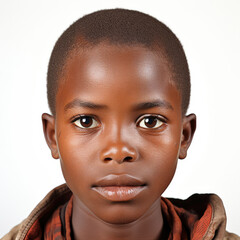 Professional studio head shot of an observant 8-year-old Tanzanian boy with narrowed eyes.