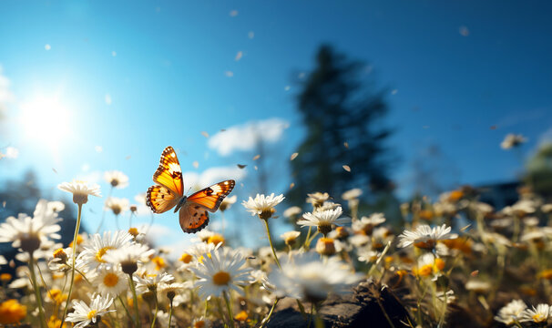 Flowers daisies in summer spring meadow on background blue sky with white clouds, flying orange butterfly, wide format. Summer natural idyllic pastoral landscape, copy space.