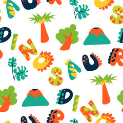 Fototapeta premium Tropical pattern with cartoon elements and the inscription dinosaurs. Children's bright leaves, trees, palm trees, volcanoes and lettering in bright color. Seamless baby texture for printing