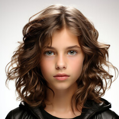 Fototapeta premium Professional studio head shot of a reflective 10-year-old Portuguese girl gazing out of frame.