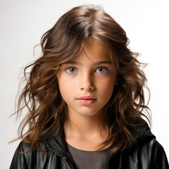 Naklejka premium Professional studio head shot of a reflective 10-year-old Portuguese girl gazing out of frame.