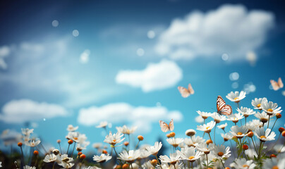 Flowers daisies in summer spring meadow on background blue sky with white clouds, flying orange butterfly, wide format. Summer natural idyllic pastoral landscape, copy space.