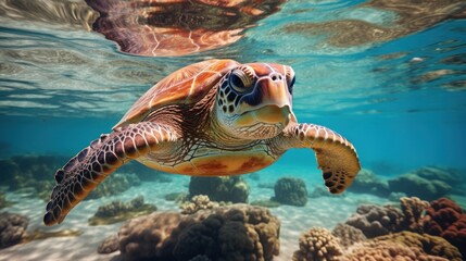 Sea turtles swim underwater with their head above the water.