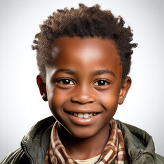 Professional studio head shot of a mischievous 6-year-old boy from Vanuatu with a playful smirk.