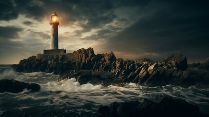 Fototapeta na wymiar A lighthouse surrounded by waves and rocky shoreline AI Generated