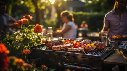 Obraz premium Family and Friends Enjoying Picnic Barbeque Grill in Garden, Focus on Sizzling Grill, Happy Gathering, Outdoor Cooking, Leisure Time, Celebration, Love and Togetherness, Summertime Feast
