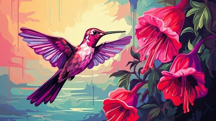 An illustration of a hummingbird flying over flowers AI Generated